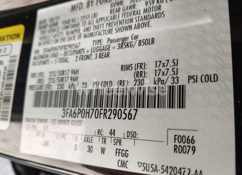 Photo 9 of 2015 Ford Fusion SE (VIN 3FA6P0H70FR290567)