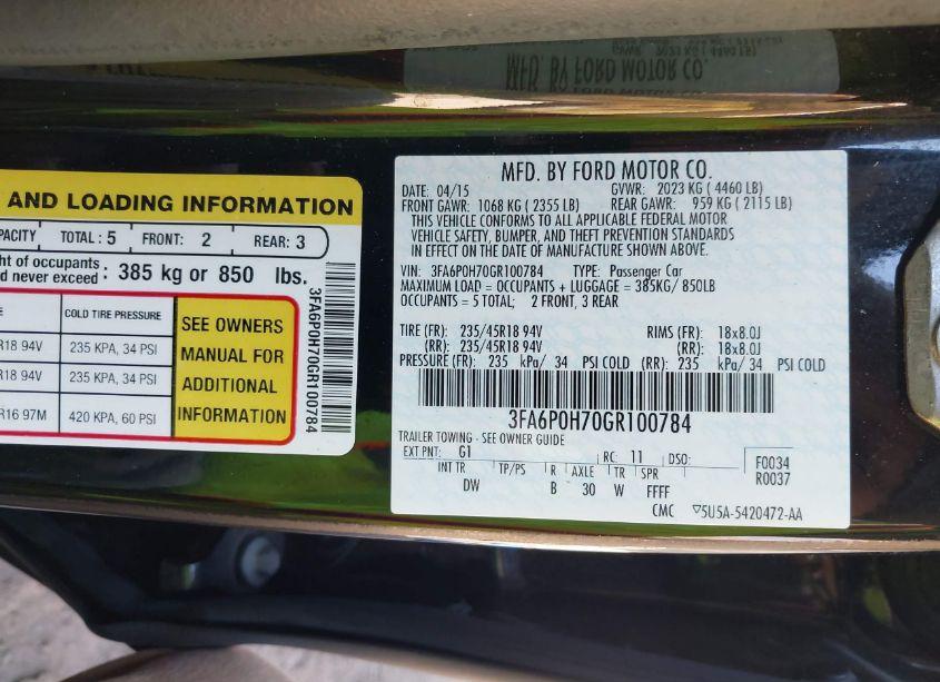 Photo 9 of 2016 Ford Fusion SE (VIN 3FA6P0H70GR100784)