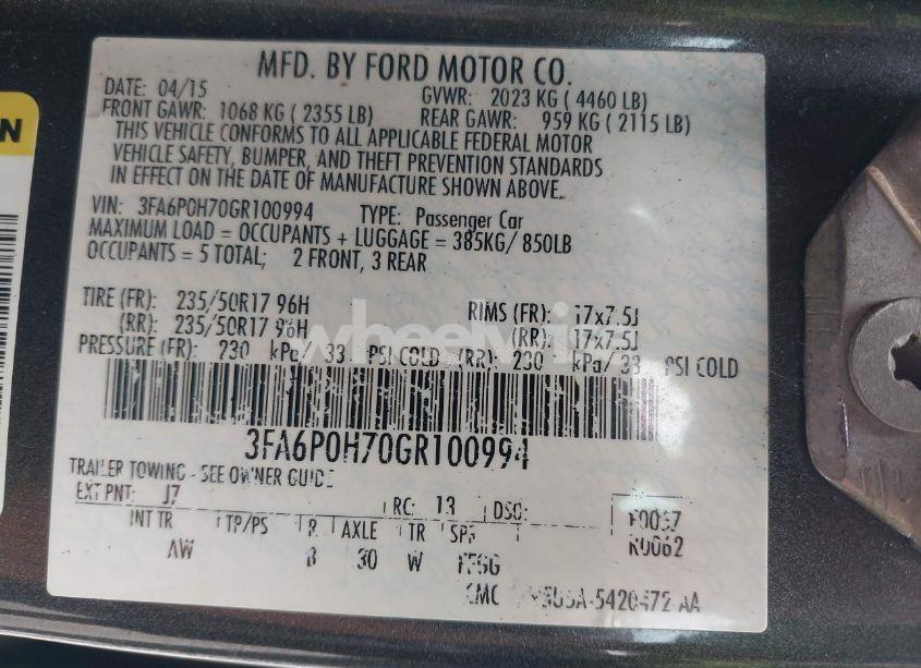 Photo 9 of 2016 Ford Fusion SE (VIN 3FA6P0H70GR100994)