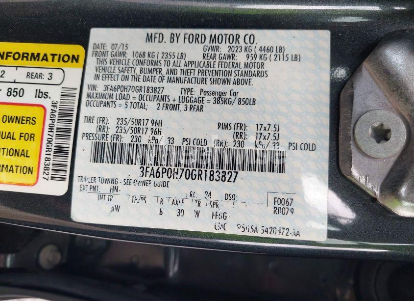 Photo 9 of 2016 Ford Fusion SE (VIN 3FA6P0H70GR183827)