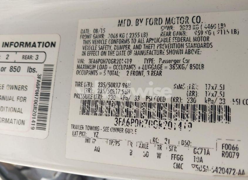 Photo 9 of 2016 Ford Fusion SE (VIN 3FA6P0H70GR201419)