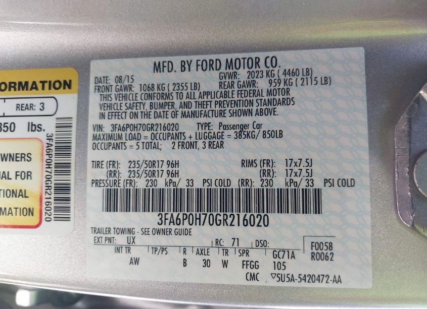 Photo 9 of 2016 Ford Fusion SE (VIN 3FA6P0H70GR216020)