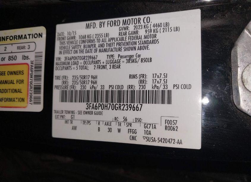 Photo 9 of 2016 Ford Fusion SE (VIN 3FA6P0H70GR239667)