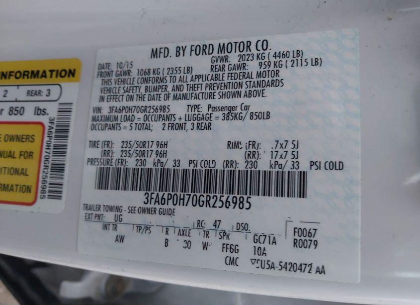 Photo 9 of 2016 Ford Fusion SE (VIN 3FA6P0H70GR256985)