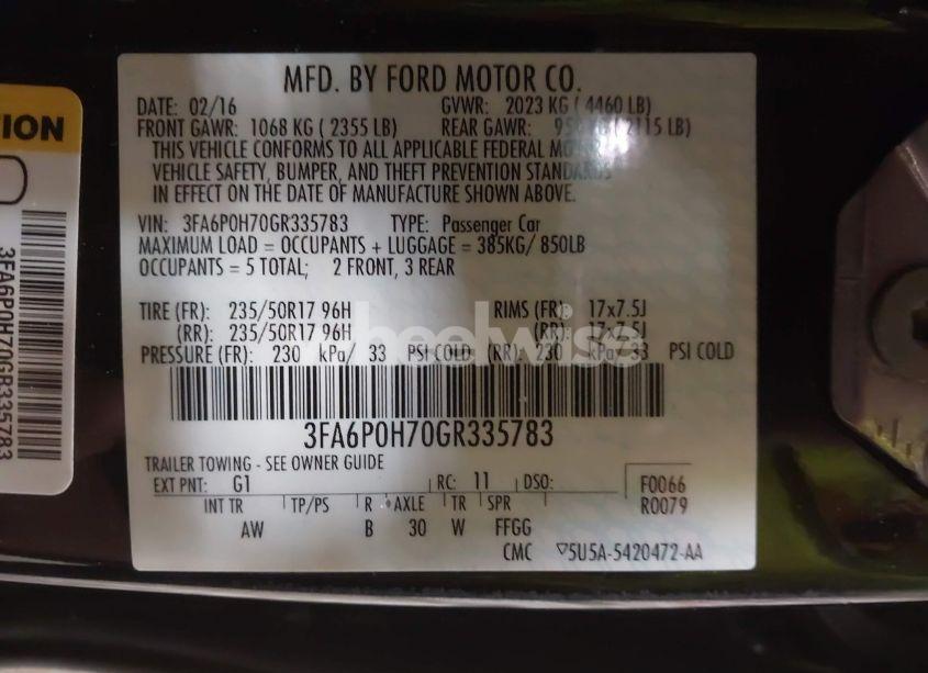 Photo 9 of 2016 Ford Fusion SE (VIN 3FA6P0H70GR335783)