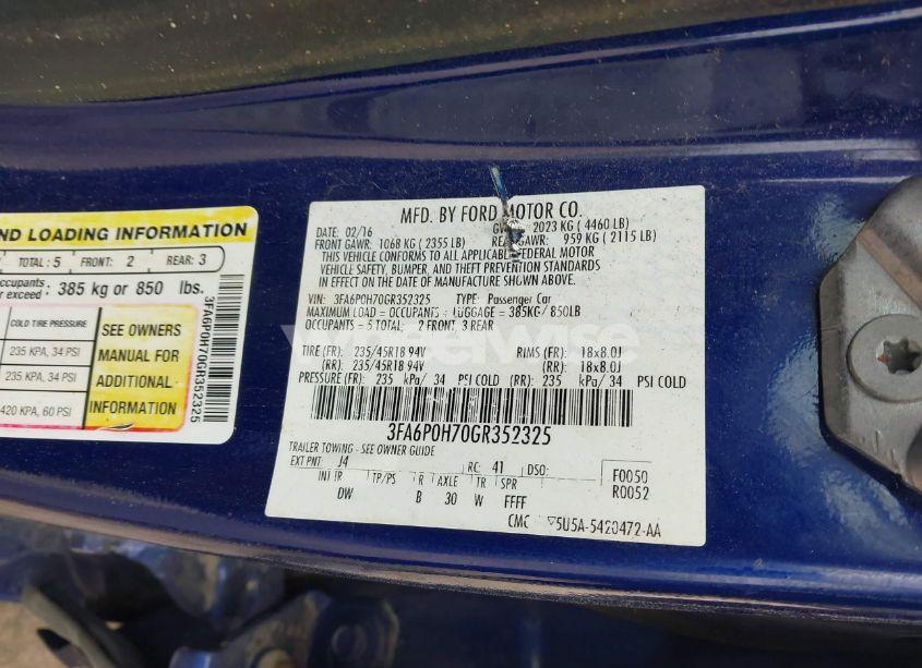 Photo 9 of 2016 Ford Fusion SE (VIN 3FA6P0H70GR352325)