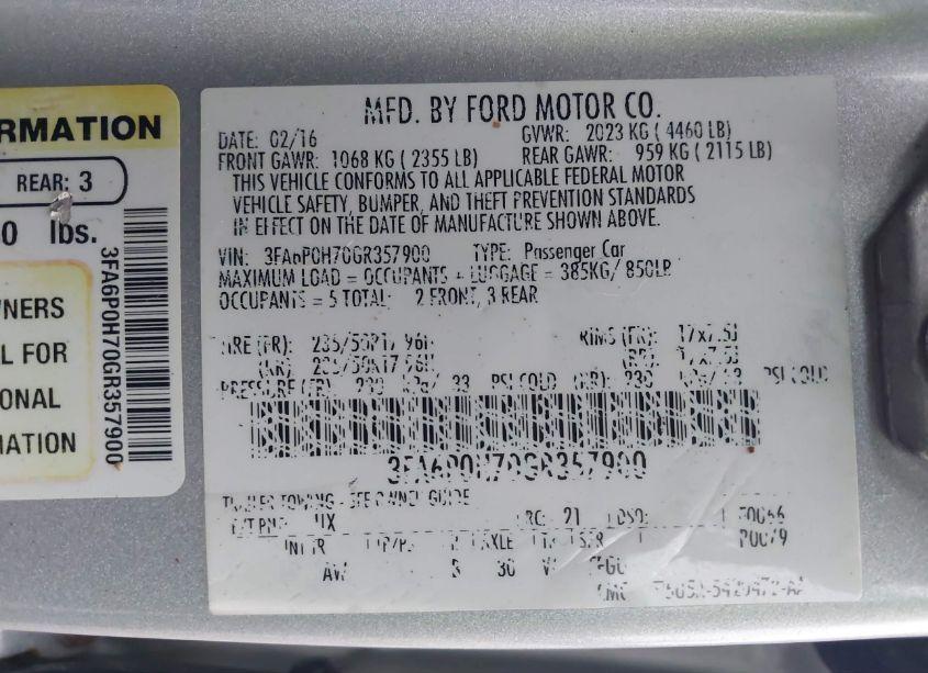 Photo 9 of 2016 Ford Fusion SE (VIN 3FA6P0H70GR357900)