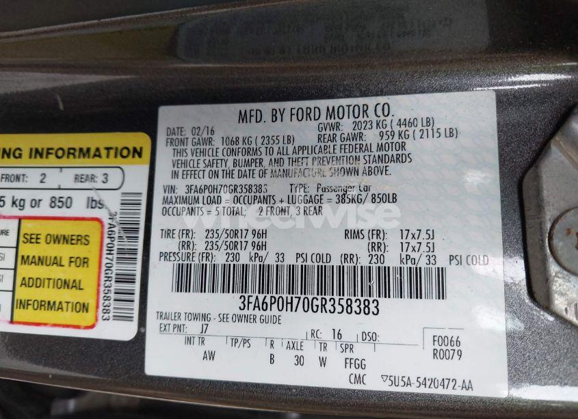 Photo 9 of 2016 Ford Fusion SE (VIN 3FA6P0H70GR358383)