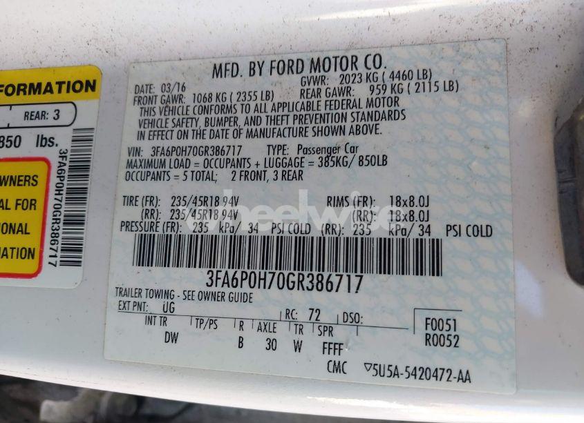 Photo 9 of 2016 Ford Fusion SE (VIN 3FA6P0H70GR386717)