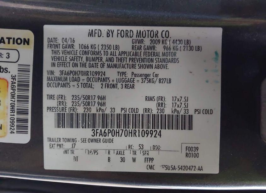 Photo 9 of 2017 Ford Fusion SE (VIN 3FA6P0H70HR109924)