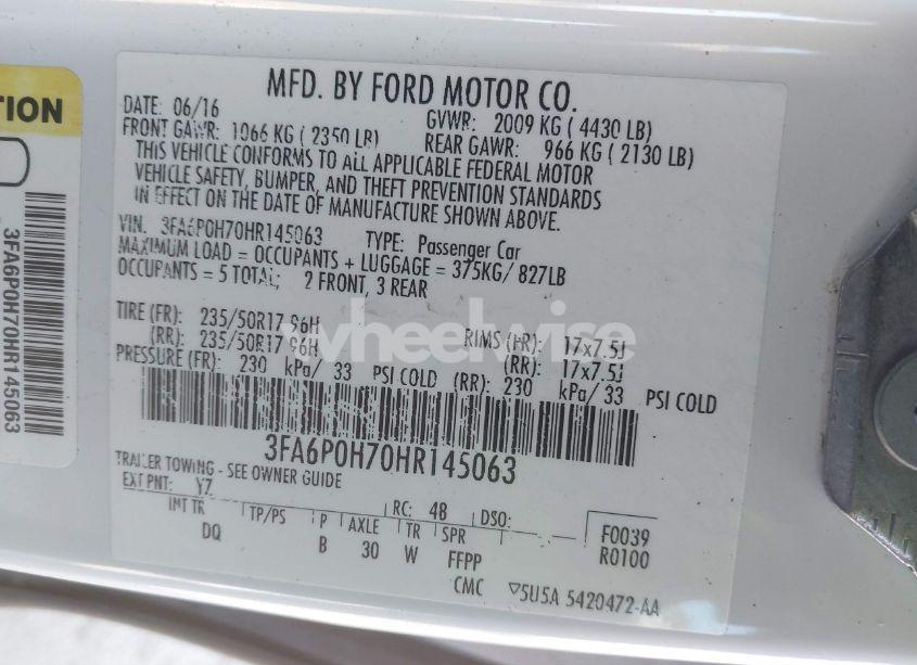 Photo 9 of 2017 Ford Fusion SE (VIN 3FA6P0H70HR145063)