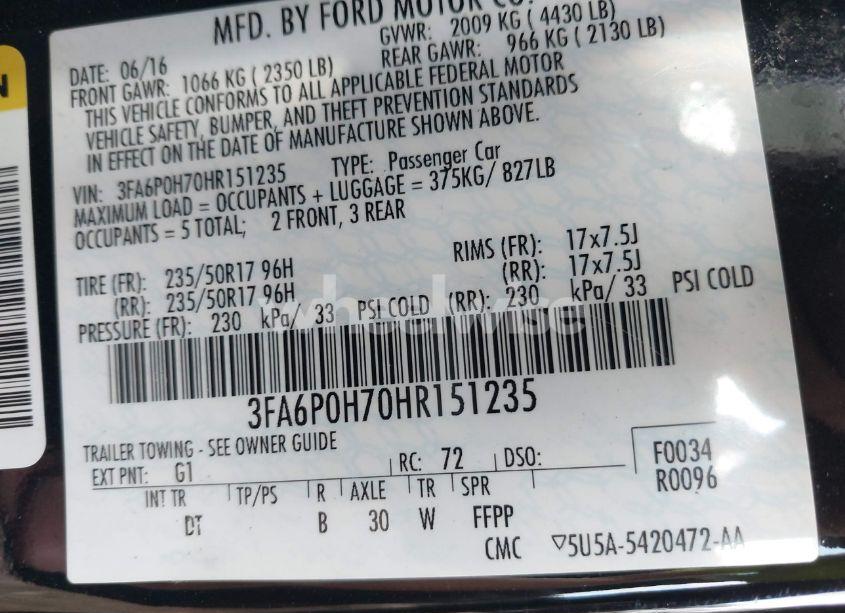 Photo 9 of 2017 Ford Fusion SE (VIN 3FA6P0H70HR151235)