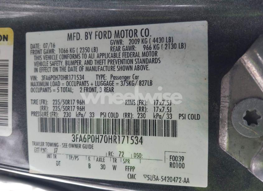 Photo 9 of 2017 Ford Fusion SE (VIN 3FA6P0H70HR171534)