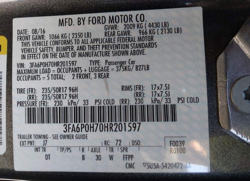 Photo 9 of 2017 Ford Fusion SE (VIN 3FA6P0H70HR201597)