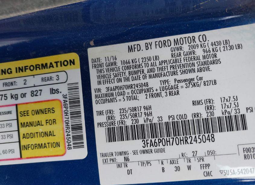 Photo 9 of 2017 Ford Fusion SE (VIN 3FA6P0H70HR245048)