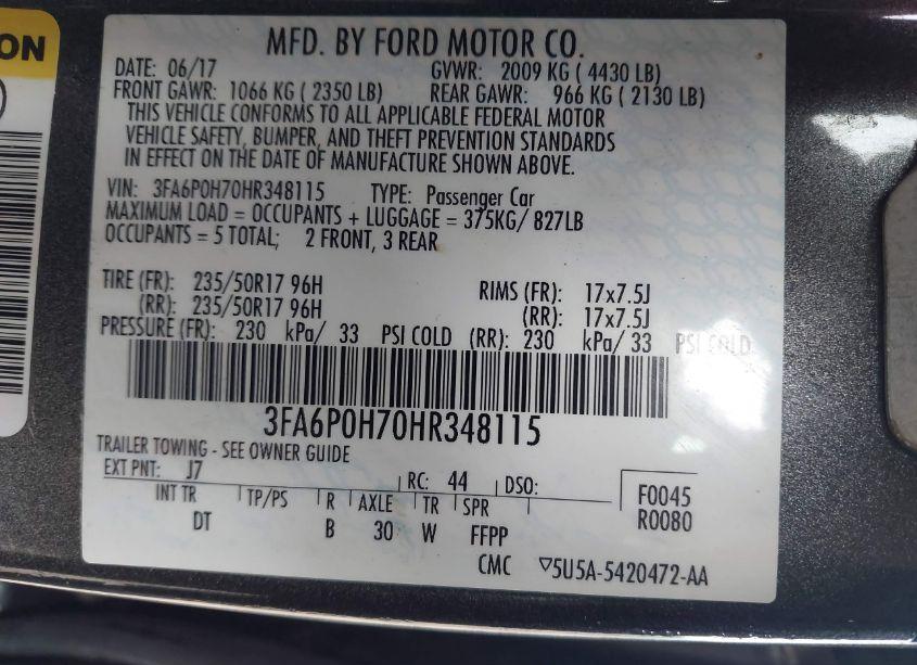 Photo 9 of 2017 Ford Fusion SE (VIN 3FA6P0H70HR348115)