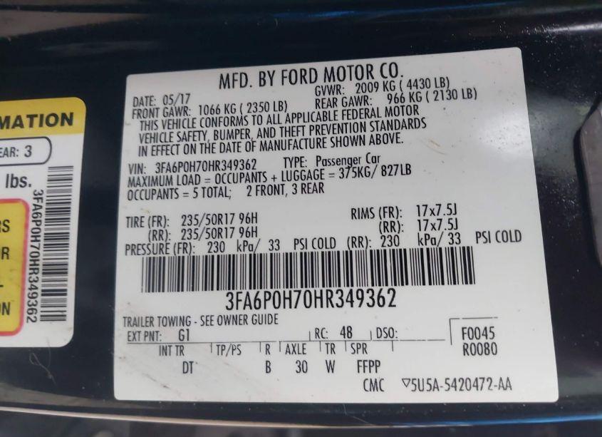 Photo 9 of 2017 Ford Fusion SE (VIN 3FA6P0H70HR349362)