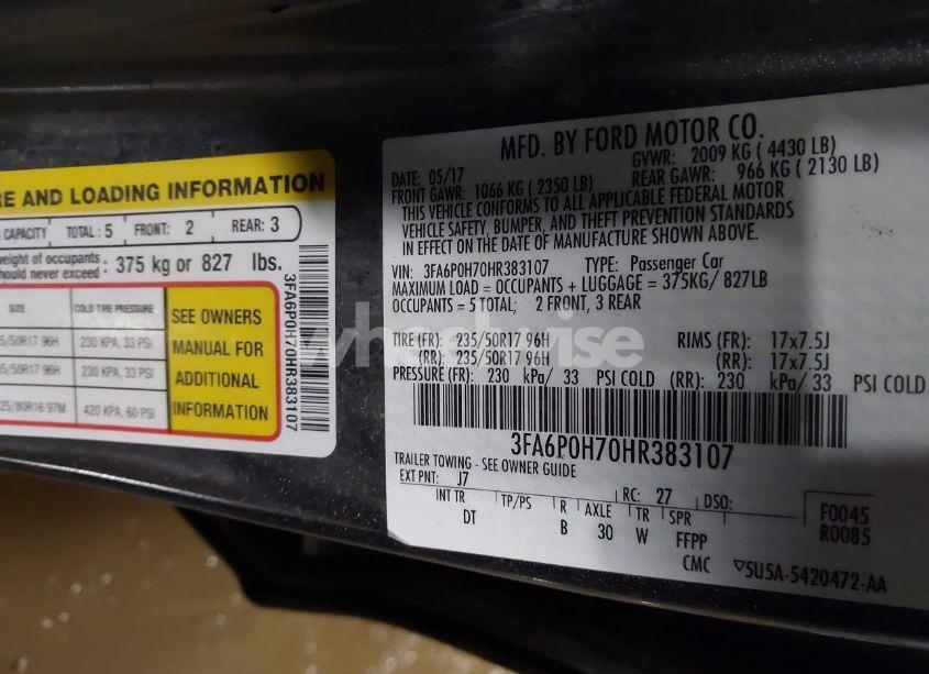 Photo 9 of 2017 Ford Fusion SE (VIN 3FA6P0H70HR383107)