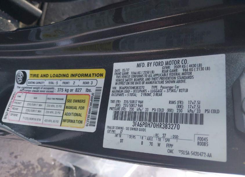 Photo 9 of 2017 Ford Fusion SE (VIN 3FA6P0H70HR383270)