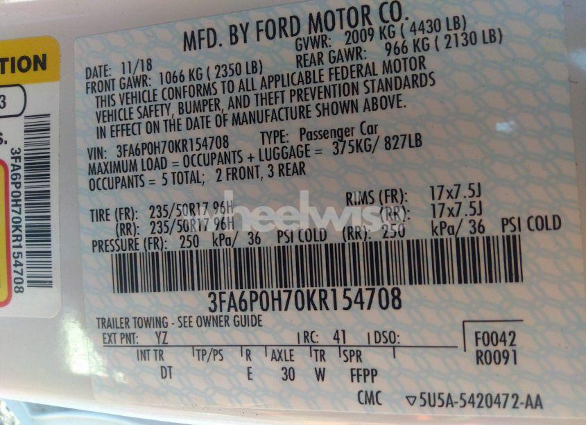 Photo 9 of 2019 Ford Fusion SE (VIN 3FA6P0H70KR154708)