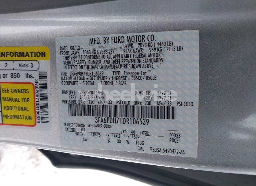 Photo 9 of 2013 Ford Fusion SE (VIN 3FA6P0H71DR106539)
