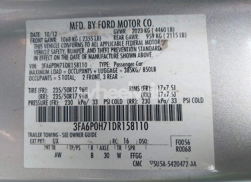Photo 9 of 2013 Ford Fusion SE (VIN 3FA6P0H71DR158110)