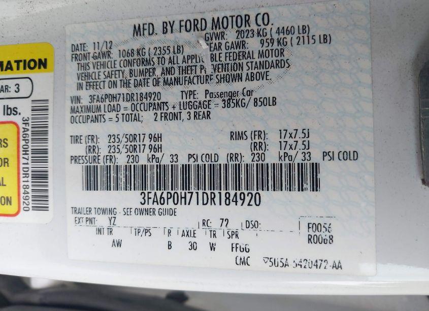 Photo 9 of 2013 Ford Fusion SE (VIN 3FA6P0H71DR184920)