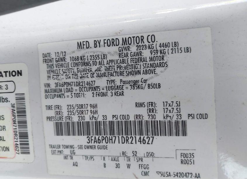 Photo 9 of 2013 Ford Fusion SE (VIN 3FA6P0H71DR214627)