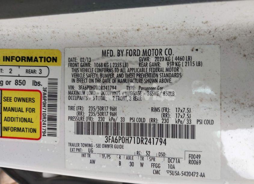 Photo 9 of 2013 Ford Fusion SE (VIN 3FA6P0H71DR241794)