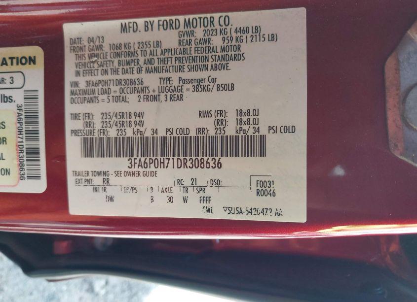 Photo 9 of 2013 Ford Fusion SE (VIN 3FA6P0H71DR308636)