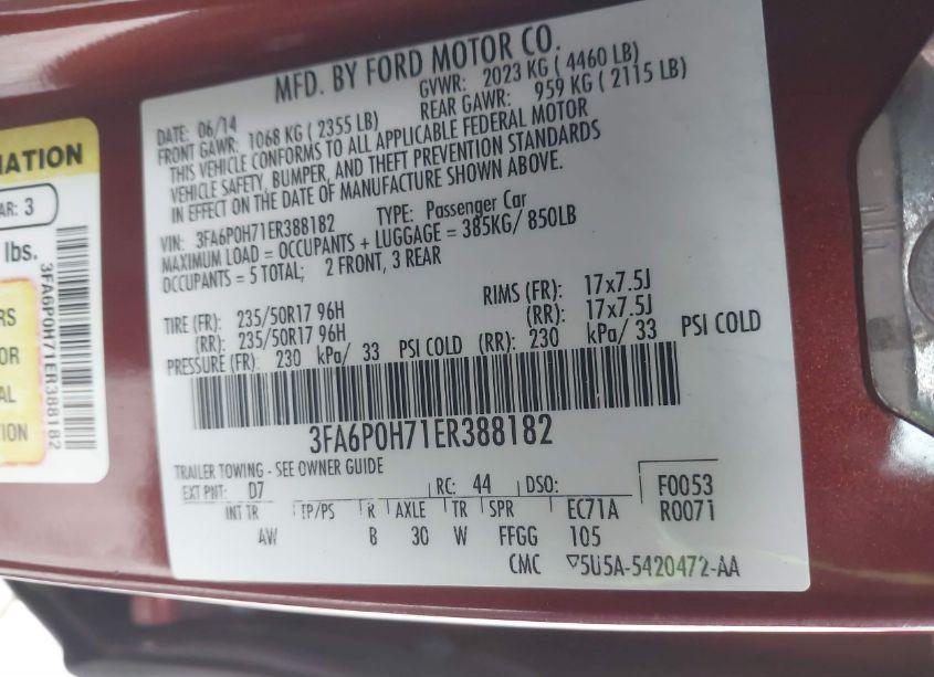 Photo 9 of 2014 Ford Fusion SE (VIN 3FA6P0H71ER388182)