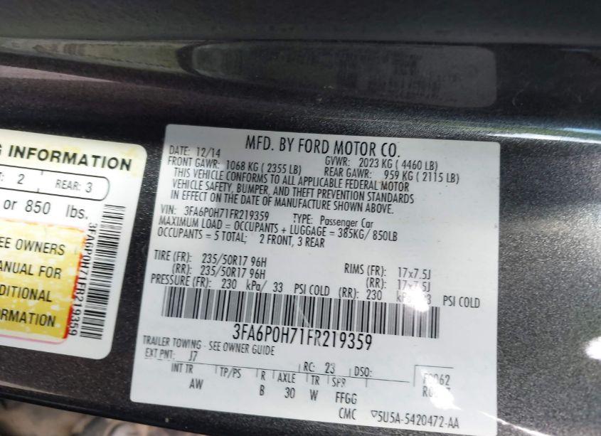 Photo 9 of 2015 Ford Fusion SE (VIN 3FA6P0H71FR219359)