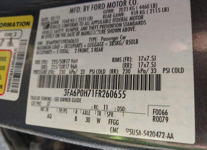 Photo 9 of 2015 Ford Fusion SE (VIN 3FA6P0H71FR260655)