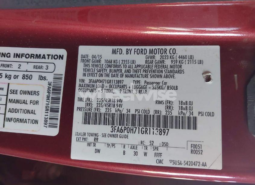 Photo 9 of 2016 Ford Fusion SE (VIN 3FA6P0H71GR113897)