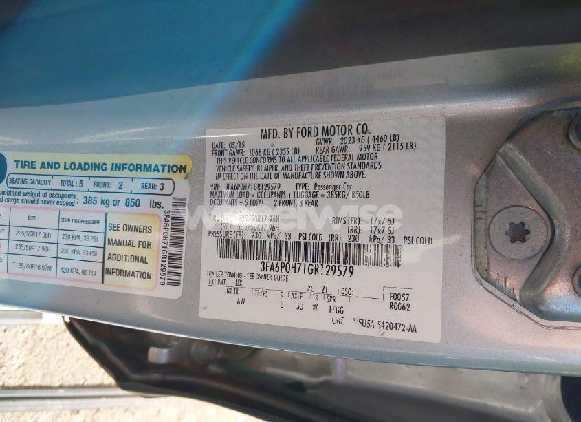 Photo 9 of 2016 Ford Fusion SE (VIN 3FA6P0H71GR129579)