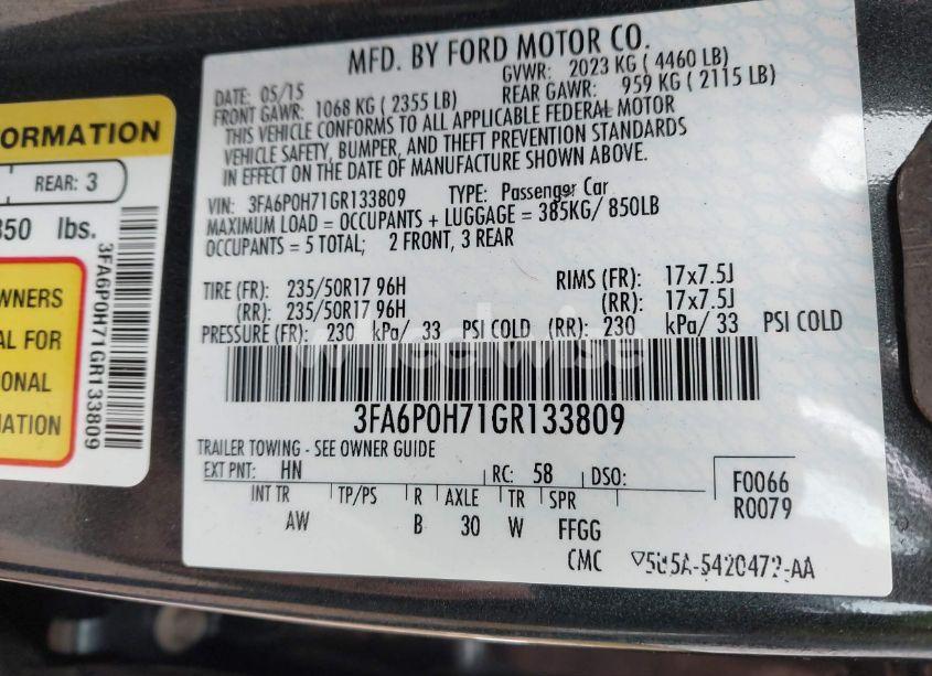 Photo 9 of 2016 Ford Fusion SE (VIN 3FA6P0H71GR133809)