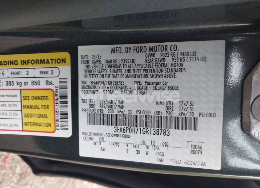 Photo 9 of 2016 Ford Fusion SE (VIN 3FA6P0H71GR138783)