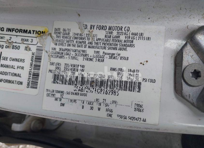 Photo 9 of 2016 Ford Fusion SE (VIN 3FA6P0H71GR162985)