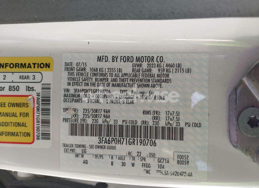 Photo 9 of 2016 Ford Fusion SE (VIN 3FA6P0H71GR190706)