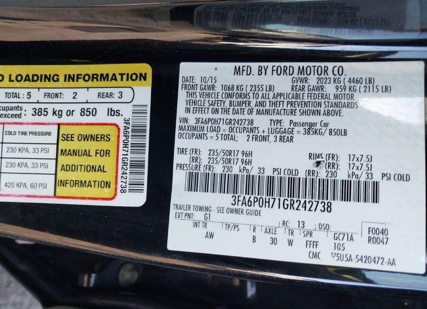 Photo 9 of 2016 Ford Fusion SE (VIN 3FA6P0H71GR242738)