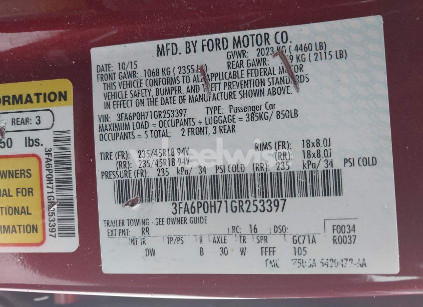 Photo 9 of 2016 Ford Fusion SE (VIN 3FA6P0H71GR253397)