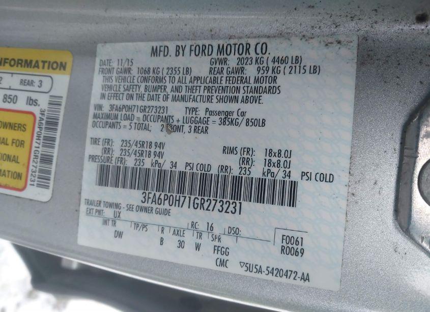 Photo 9 of 2016 Ford Fusion SE (VIN 3FA6P0H71GR273231)