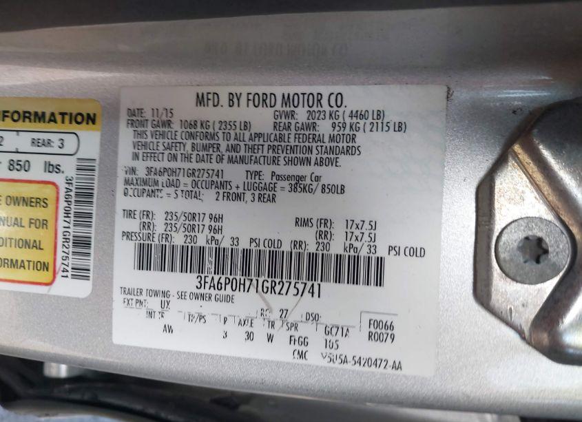 Photo 9 of 2016 Ford Fusion SE (VIN 3FA6P0H71GR275741)