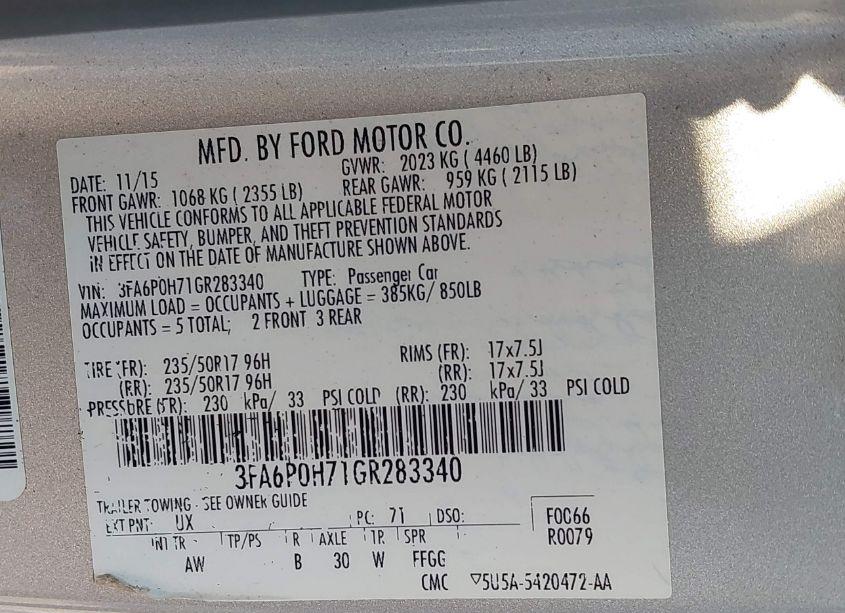 Photo 9 of 2016 Ford Fusion SE (VIN 3FA6P0H71GR283340)