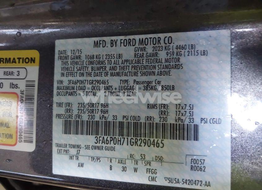 Photo 9 of 2016 Ford Fusion SE (VIN 3FA6P0H71GR290465)