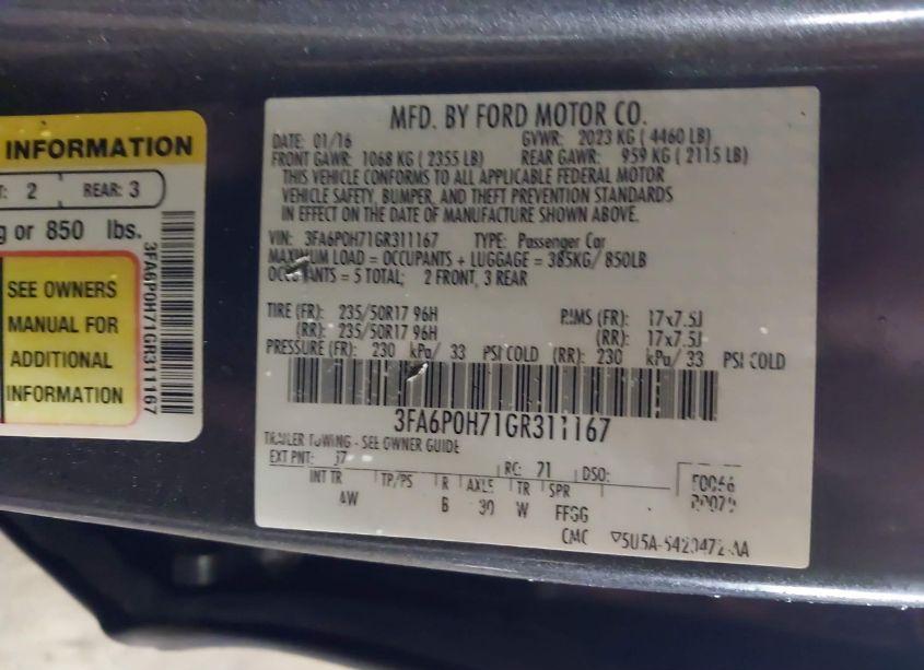 Photo 9 of 2016 Ford Fusion SE (VIN 3FA6P0H71GR311167)