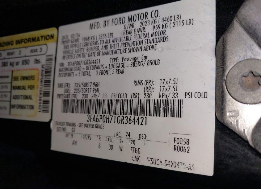 Photo 9 of 2016 Ford Fusion SE (VIN 3FA6P0H71GR364421)