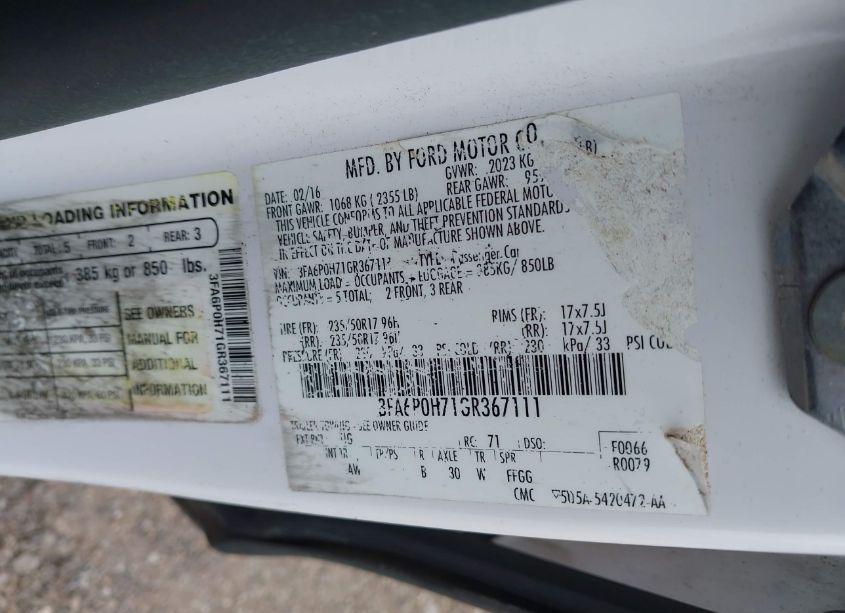 Photo 9 of 2016 Ford Fusion SE (VIN 3FA6P0H71GR367111)