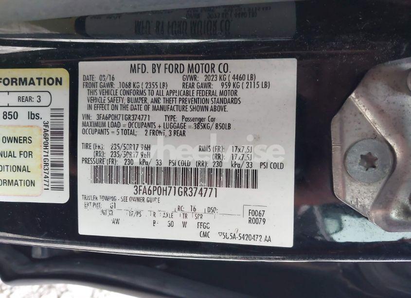 Photo 9 of 2016 Ford Fusion SE (VIN 3FA6P0H71GR374771)