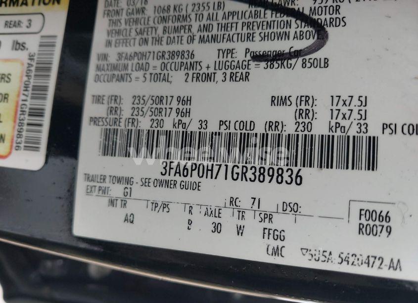 Photo 9 of 2016 Ford Fusion SE (VIN 3FA6P0H71GR389836)